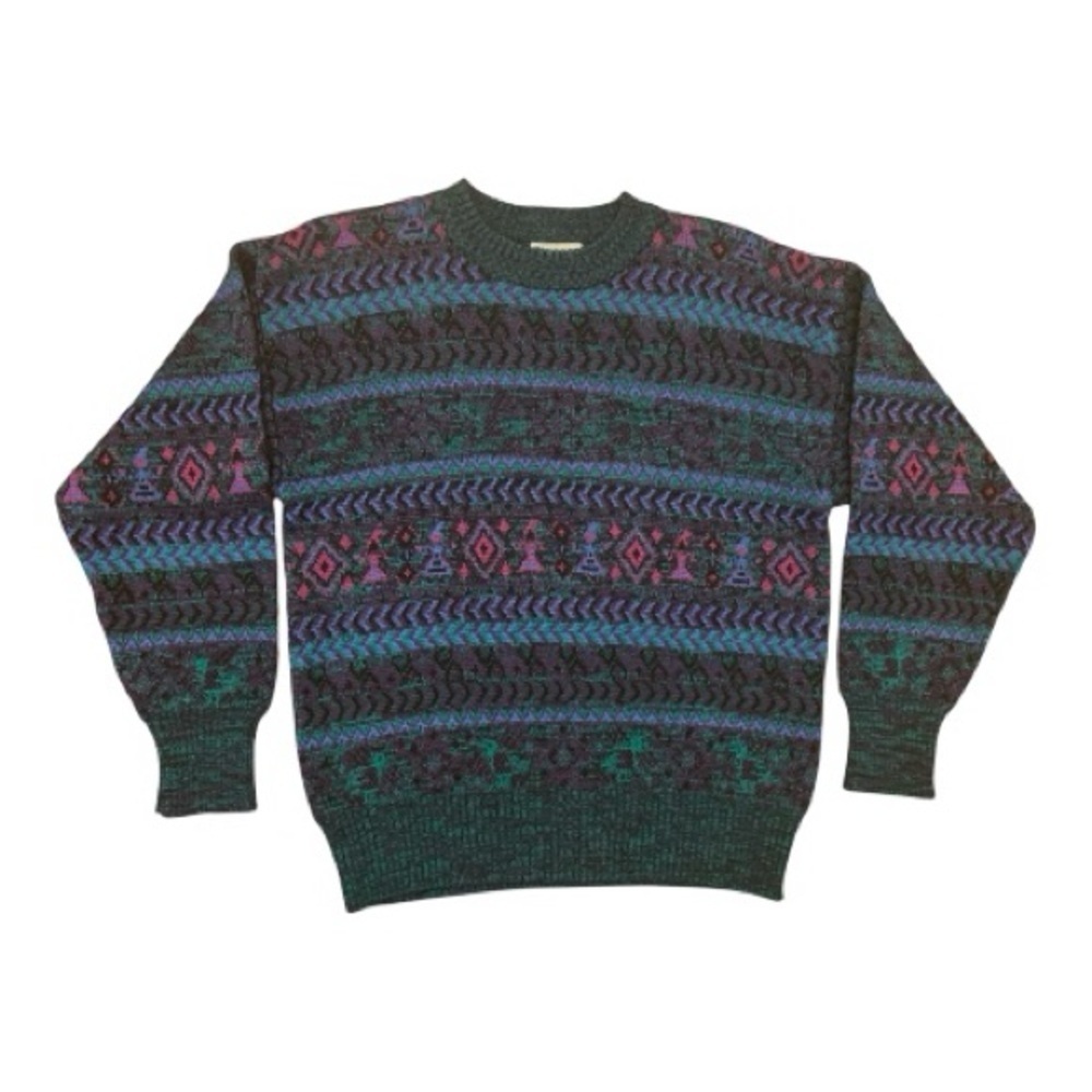 Vintage 80s 90s MEISTER Green Multicolor Wool Cozy Sweater Ski Fair Isle Size M